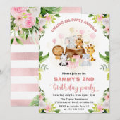 Invitation Aquarelle rose Jungle Animaux Anniversaire de enfa (Devant / Derrière)