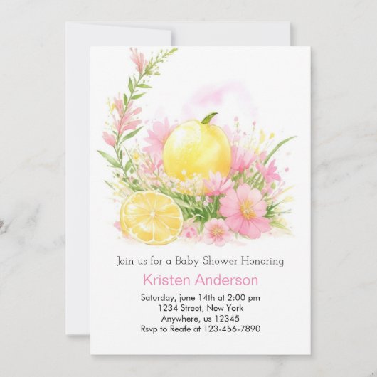 Invitation Aquarelle rose Lemonade Girl Baby shower (Devant)