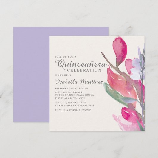 Invitation Aquarelle rose Lilac Boho Floral Quinceañera (Devant / Derrière)