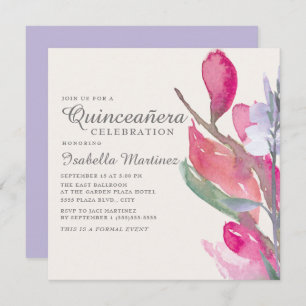Invitation Aquarelle rose Lilac Boho Floral Quinceañera