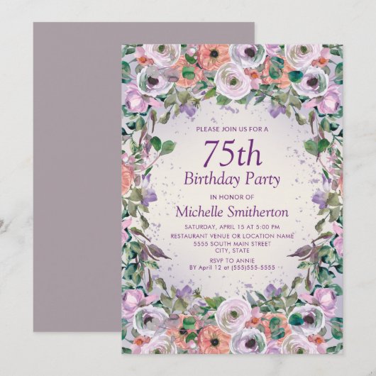 Invitation Aquarelle rose Lilac pourpre Floral 75e anniversai (Devant / Derrière)