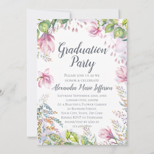 Invitation Aquarelle rose Lily Fleur Floral Girl Graduation (Devant)