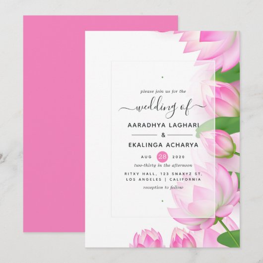 Invitation Aquarelle rose Lotus Flower Mariage indien (Devant / Derrière)