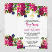 Invitation Aquarelle rose magenta Baptême floral (Devant / Derrière)