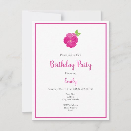Invitation Aquarelle rose magenta Pansy & Motif (Devant)