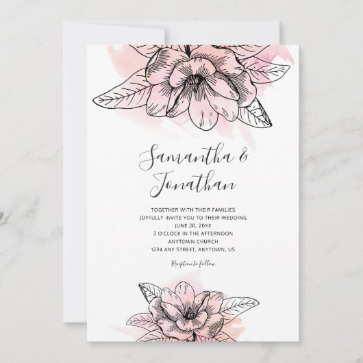 Invitation Aquarelle rose Magnolia Mariage (Devant)
