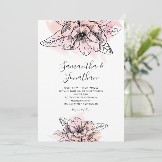 Invitation Aquarelle rose Magnolia Mariage (Debout devant)