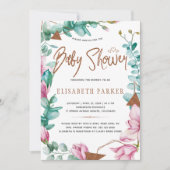 Invitation Aquarelle rose magnolias cuivre bébé douche (Devant)