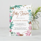 Invitation Aquarelle rose magnolias cuivre bébé douche (Debout devant)