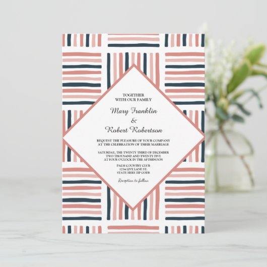Invitation Aquarelle rose Mariage moderne tendance rayée (Debout devant)