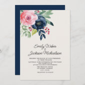 Invitation Aquarelle rose marine bleu Mariage (Devant / Derrière)