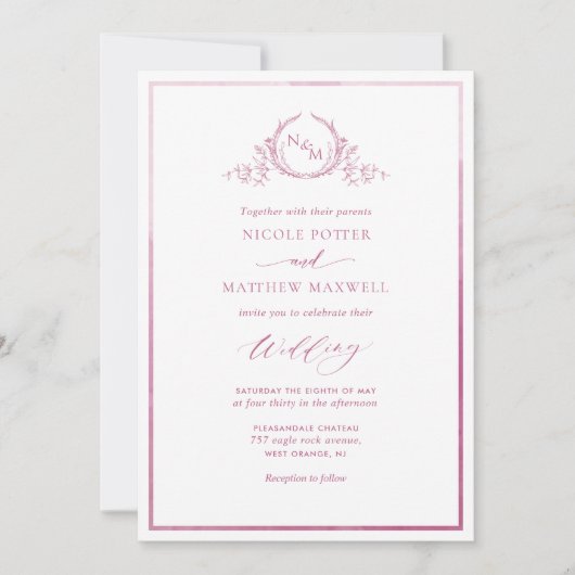 Invitation Aquarelle rose mauve Élégant Mariage Monogramme (Devant)