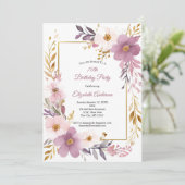 Invitation Aquarelle rose mauve or Floral 70e anniversaire (Debout devant)