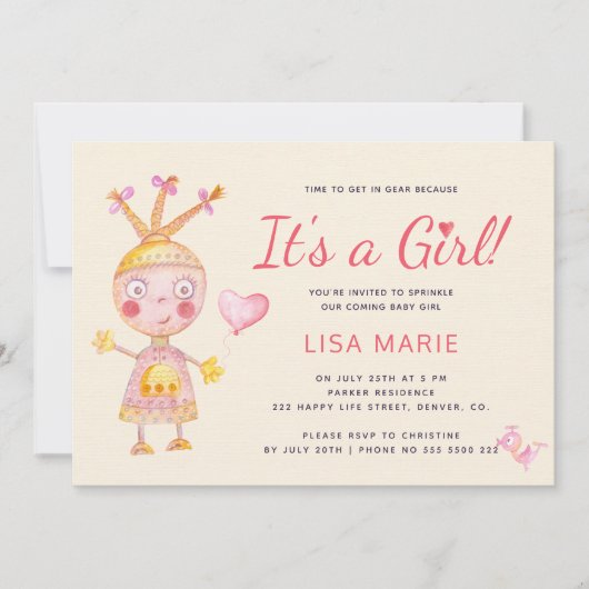Invitation Aquarelle rose mignon robot c'est un baby shower f (Devant)
