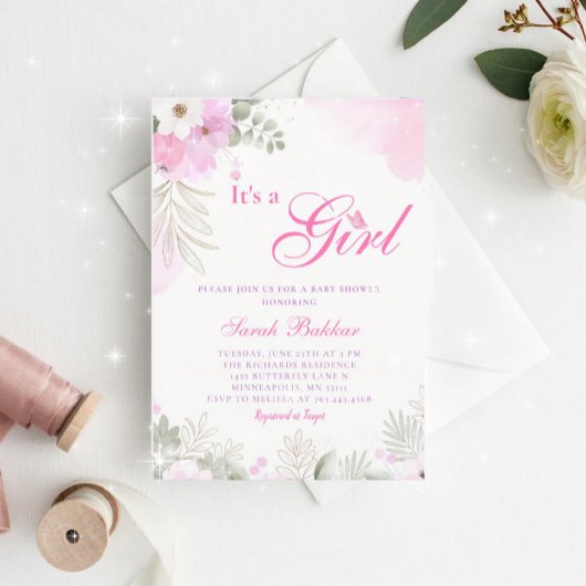 Invitation Aquarelle rose mignonne Baby Girl Douche Invitatio