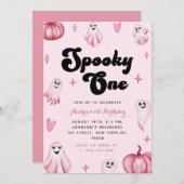 Invitation Aquarelle rose mignonne Fantôme Éffrayant un 1er a (Devant / Derrière)
