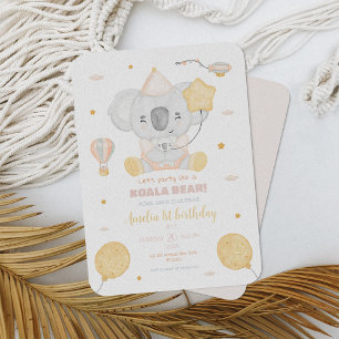 Invitation Aquarelle rose mignonne Koala 1er anniversaire Bab