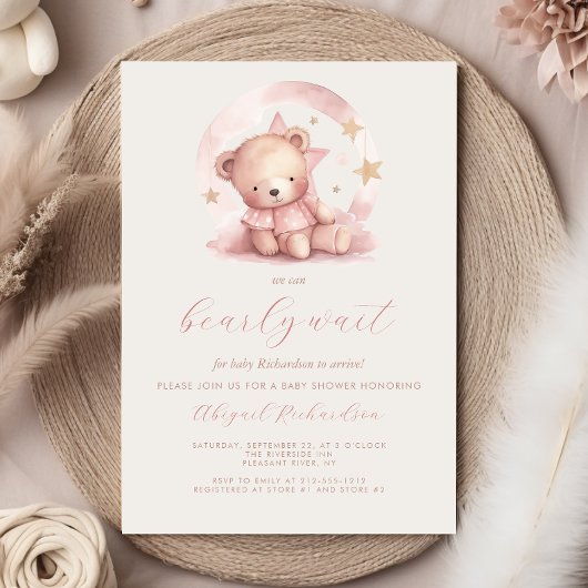 Invitation Aquarelle rose mignonne Ours Baby shower fille