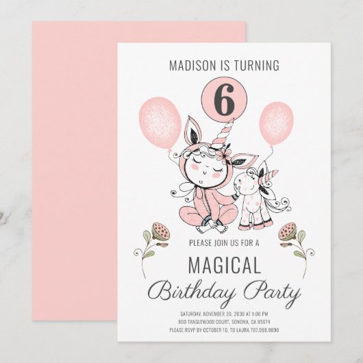 Invitation Aquarelle rose mignonne Unicorn fille 6e anniversa (Devant / Derrière)