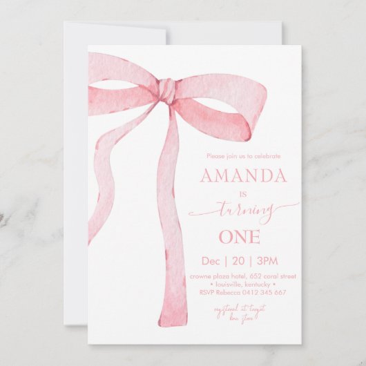 Invitation Aquarelle rose minimaliste Ruban Anniversaire (Devant)