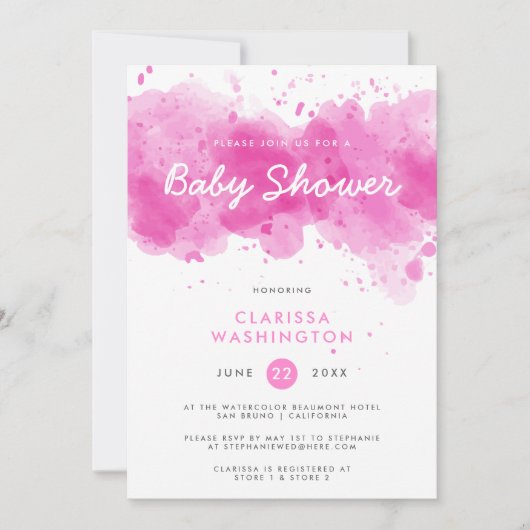 Invitation Aquarelle rose moderne | Baby shower de typographi (Devant)