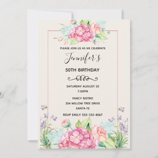 Invitation Aquarelle rose moderne Bouquet floral Anniversaire (Devant)
