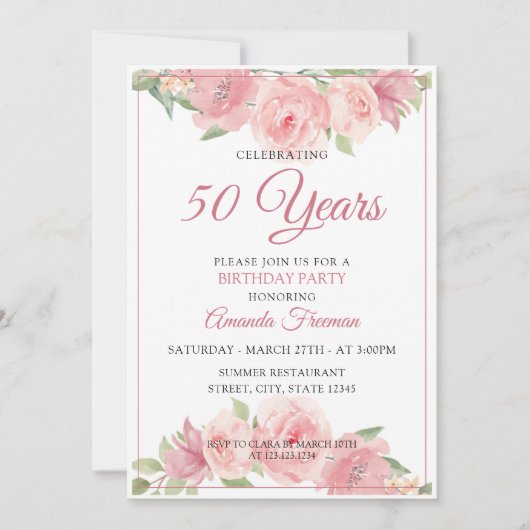 Invitation Aquarelle rose moderne Rose Mère Anniversaire (Devant)