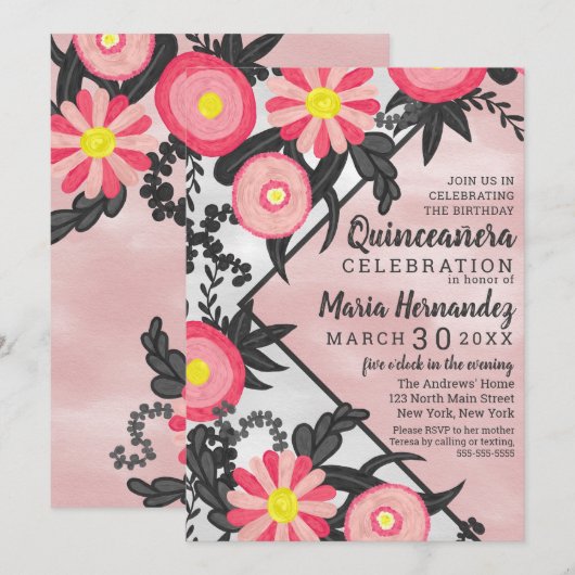 Invitation Aquarelle rose noire acrylique Florale Quinceañera (Devant / Derrière)