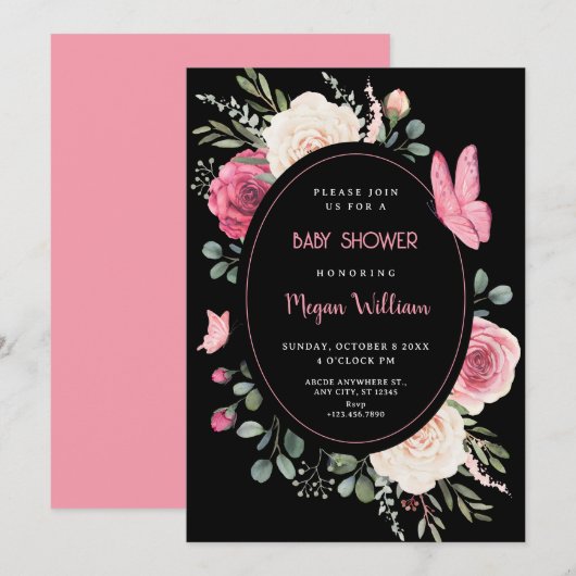Invitation Aquarelle rose noire baby shower Rose Floral (Devant / Derrière)