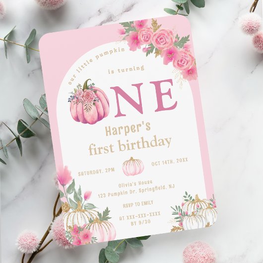 Invitation Aquarelle rose Notre Petit Citrouille Floral Anniv