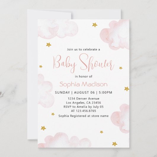 Invitation Aquarelle rose Nuages bébé fille Douche (Devant)