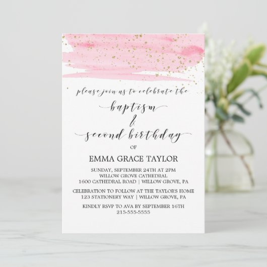 Invitation Aquarelle rose & or Baptême & 2e anniversaire (Debout devant)