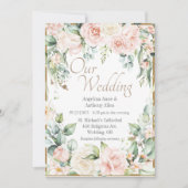 Invitation Aquarelle rose or bleu Mariage floral romantique (Devant)