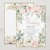 Invitation Aquarelle rose or bleu Mariage floral romantique (Devant / Derrière)