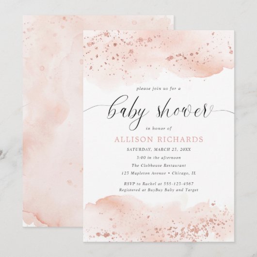 Invitation Aquarelle rose or blush rose fille baby shower (Devant / Derrière)