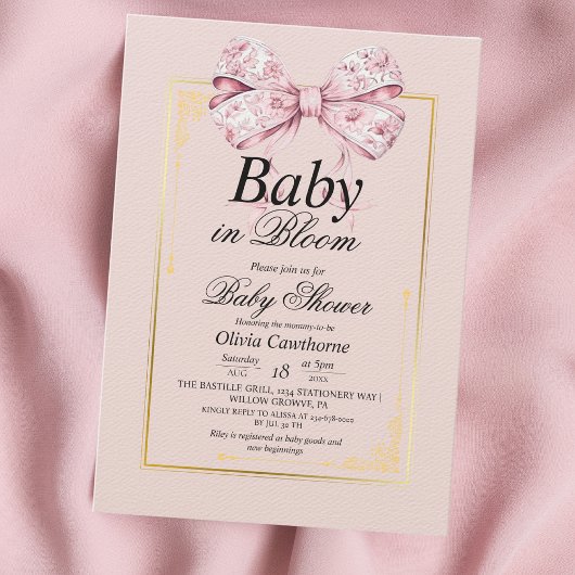 Invitation Aquarelle rose or Bow Baby shower Floral