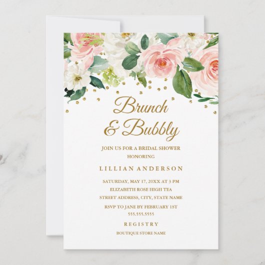 Invitation Aquarelle Rose Or Brunch Floral Et Bubbly (Devant)