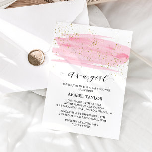 Invitation Aquarelle rose & or C'est un Baby shower fille