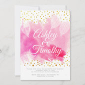 Invitation Aquarelle rose, or confetti calligraphie mariage (Devant)