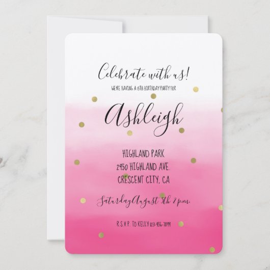 Invitation Aquarelle rose or Confetti Ombre Anniversaire (Devant)