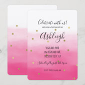 Invitation Aquarelle rose or Confetti Ombre Anniversaire (Devant / Derrière)