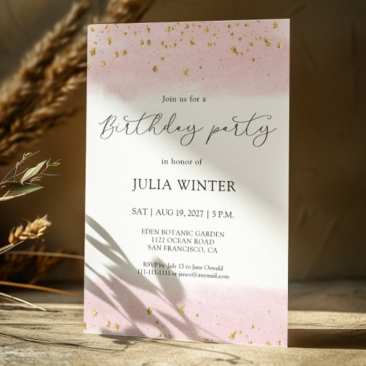 Invitation Aquarelle rose or étincelle fête d'anniversaire