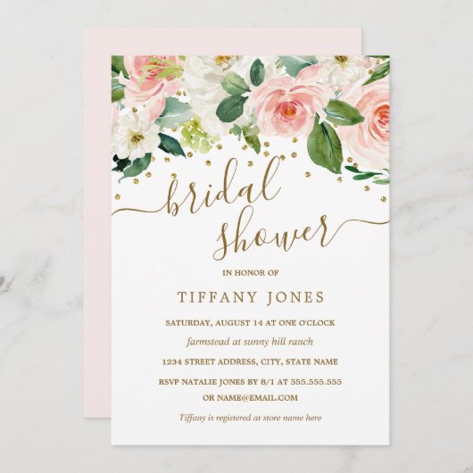 Invitation Aquarelle rose or Fête des mariées florale (Devant / Derrière)
