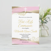 Invitation Aquarelle rose or fille 1ère première communion sa (Debout devant)