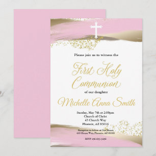 Invitation Aquarelle rose or fille 1ère première communion sa