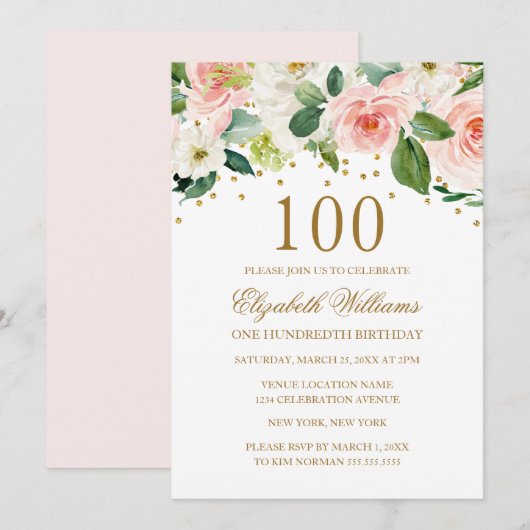 Invitation Aquarelle rose or Floral 100e anniversaire (Devant / Derrière)