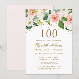 Invitation Aquarelle rose or Floral 100e anniversaire