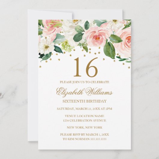Invitation Aquarelle rose or Floral 16e anniversaire (Devant)