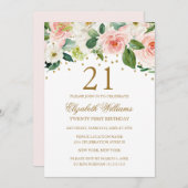 Invitation Aquarelle rose or Floral 21e anniversaire (Devant / Derrière)