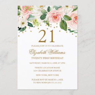 Invitation Aquarelle rose or Floral 21e anniversaire